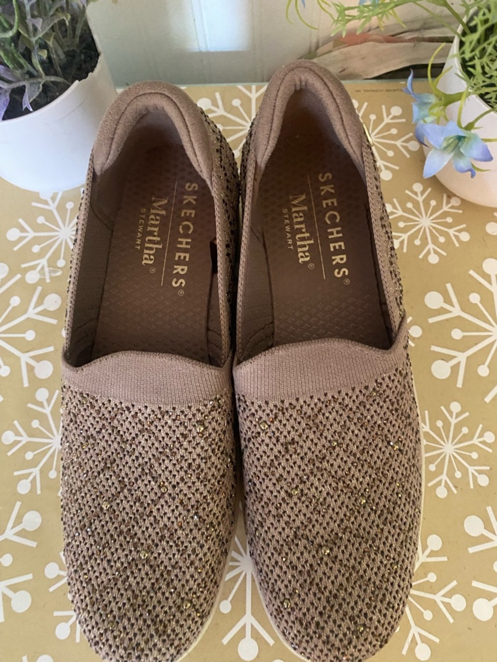 Skechers Slip-On Wedge Sneakers in Taupe Glitter Knit - Picture 3 of 6